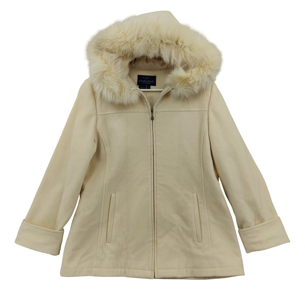 Mackintosh Women Old Money Quiet Luxury Wool Fox Fur Hood Coat L Cream Elegant